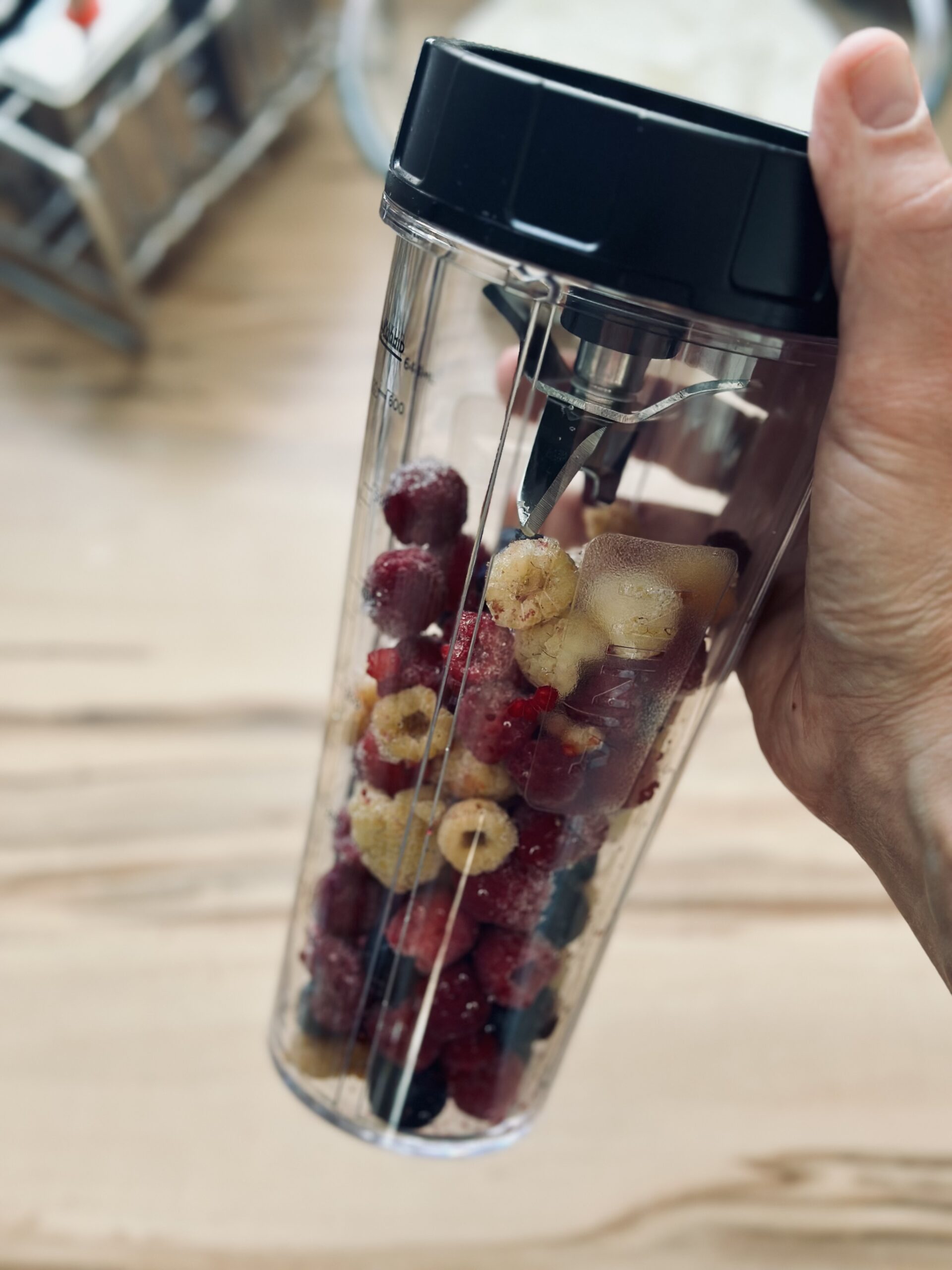 Früchte in einen Mixer geben