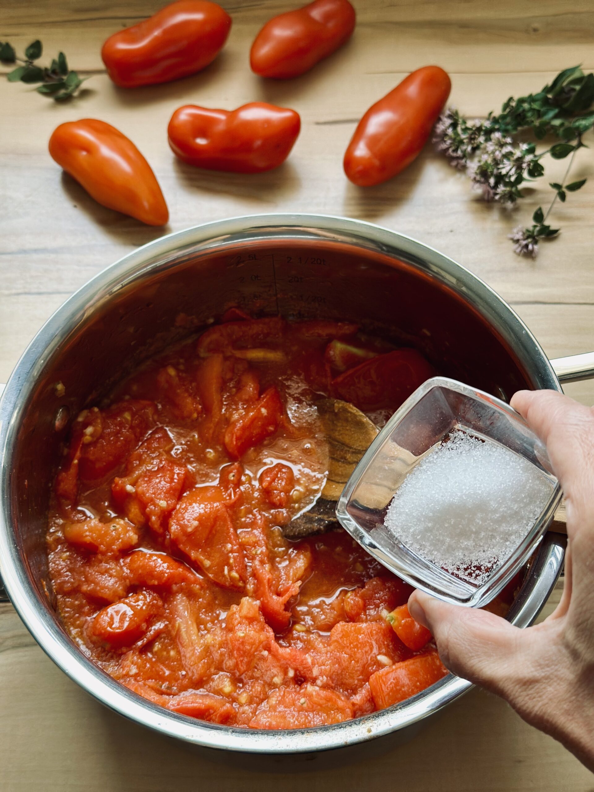 Salz zu der Tomatensoße hinzugeben