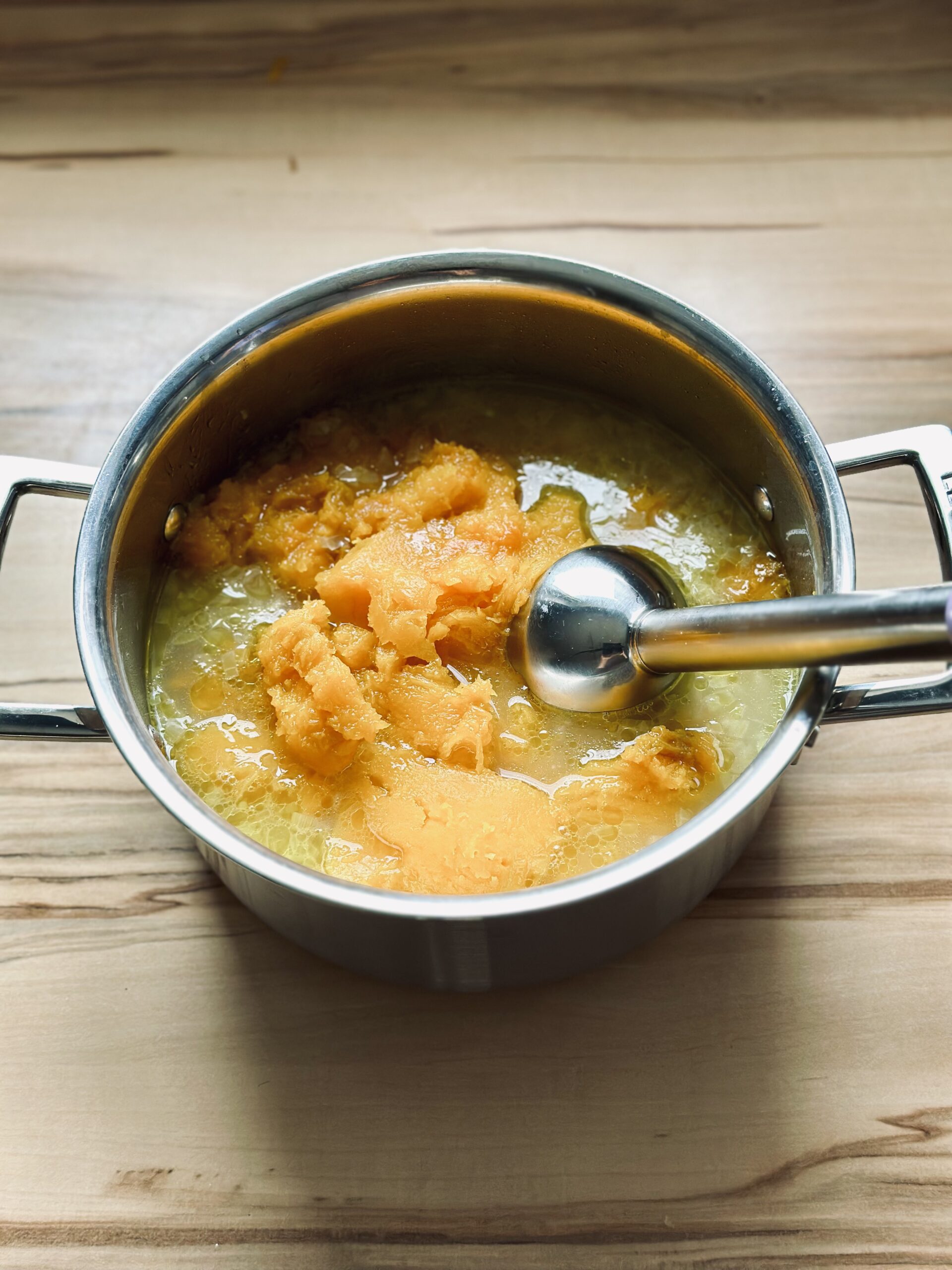Suppe mit einem Pürierstab durch mixen